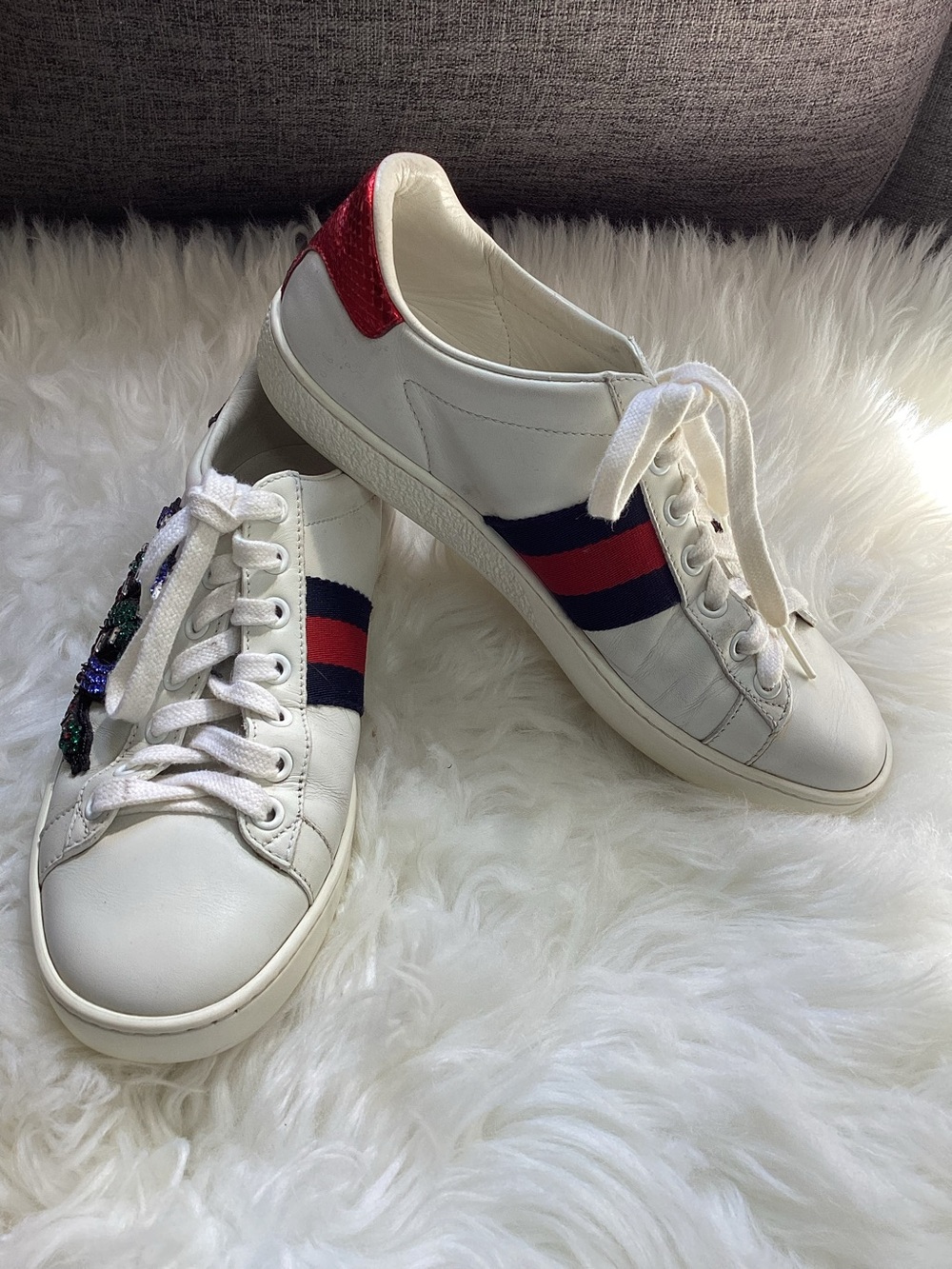 GUCCI
White Leather And Crystal Embellished Snake Ace Sneakers Size 36/US 5.5